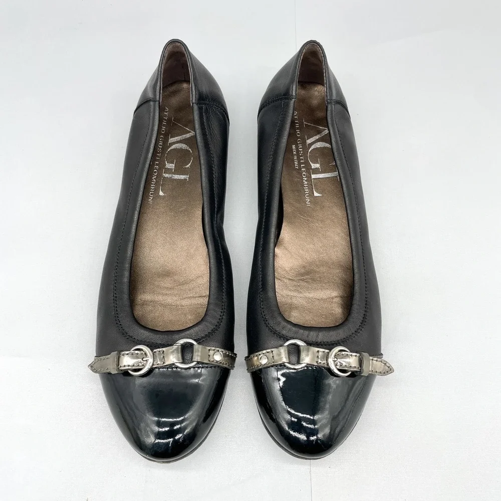 AGL Womens 41 11 Monika Cap Toe Ballet Flats Black Leather Patent Buckle Classic